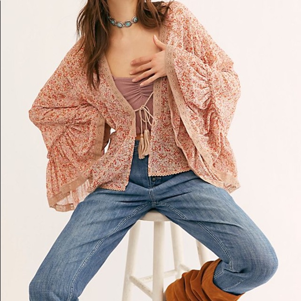 free people lola tie front kimono in neutral combo Small